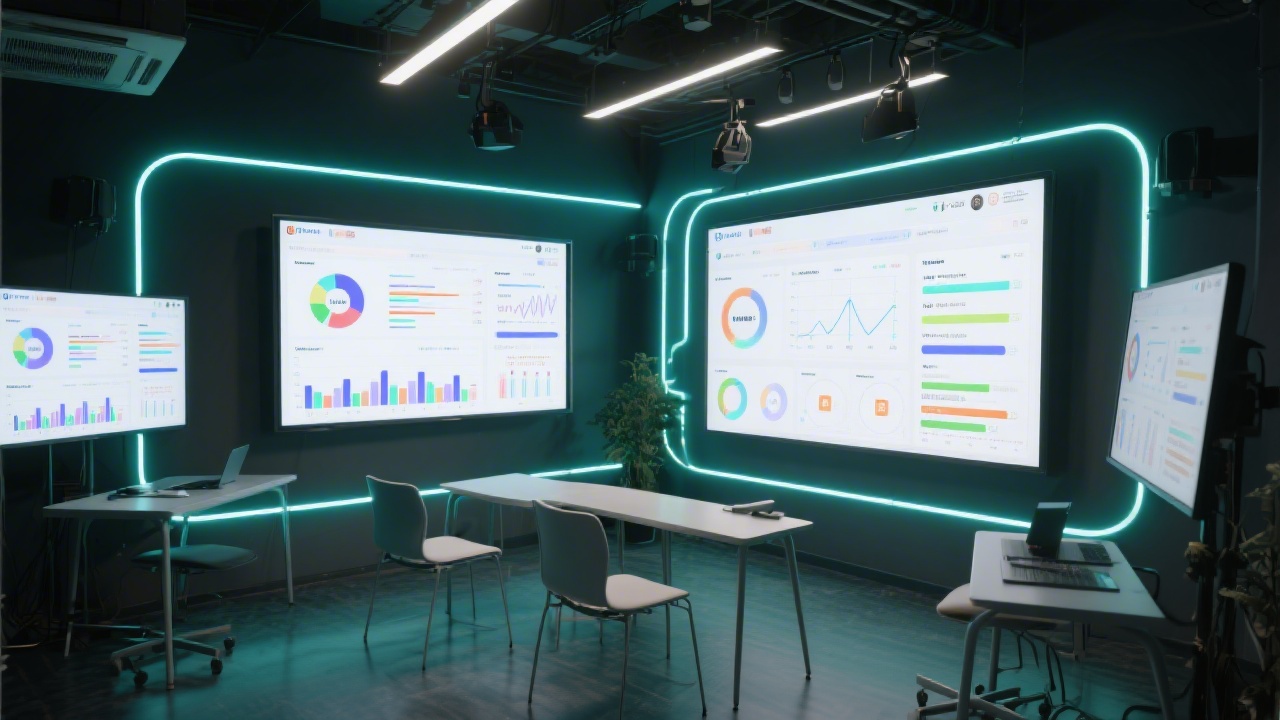 Modern training studio with neon accent lighting, large screens showing marketing dashboards, and minimal furniture for focused learning.
