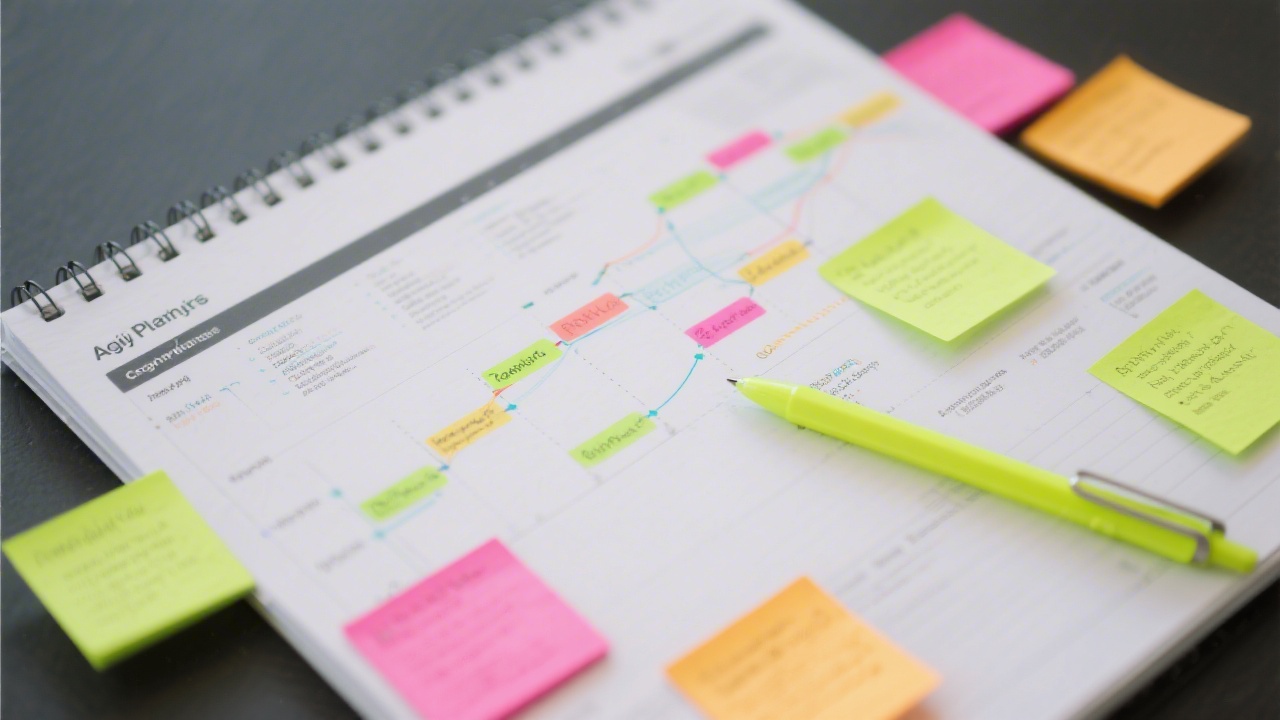 Close-up of a planner with campaign timelines, color-coded sticky notes, and a neon pen marking milestones, emphasizing agile planning and iteration.