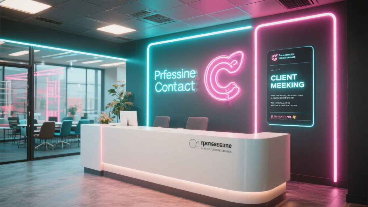 Reception area with modern neon accents, a clean desk, and signage ready for client meetings, illustrating a professional contact environment.