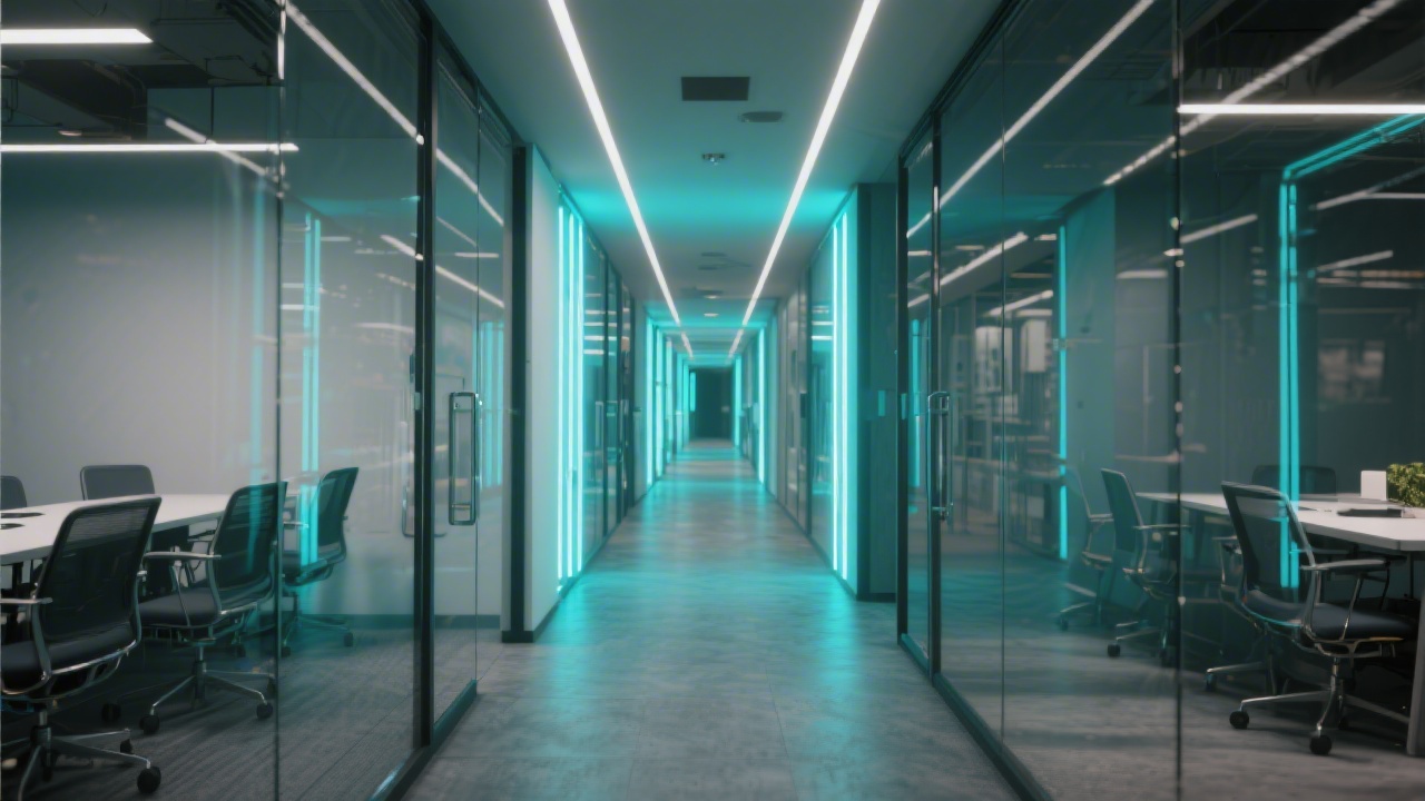Office corridor with glass walls and neon lighting leading to meeting rooms, reflecting a professional and tech-forward environment.