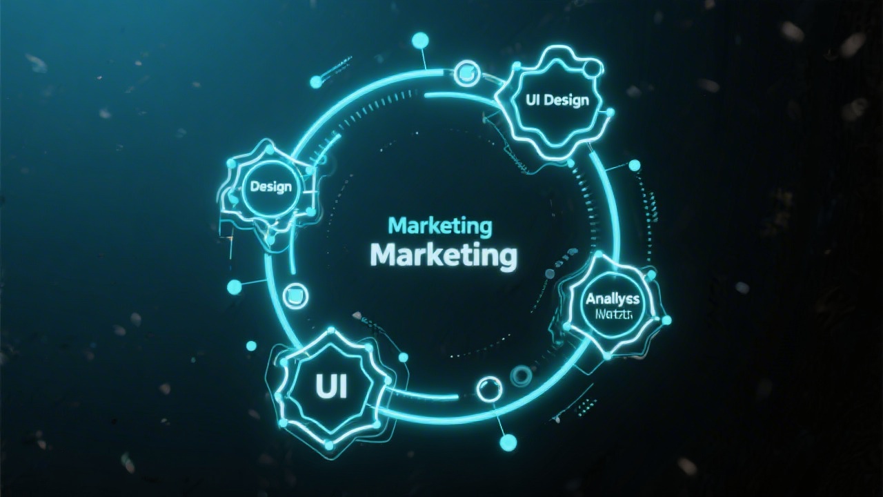 Abstract diagram of interconnected neon lines forming a loop around marketing, UI design, and analytics nodes, symbolizing a continuous improvement framework.