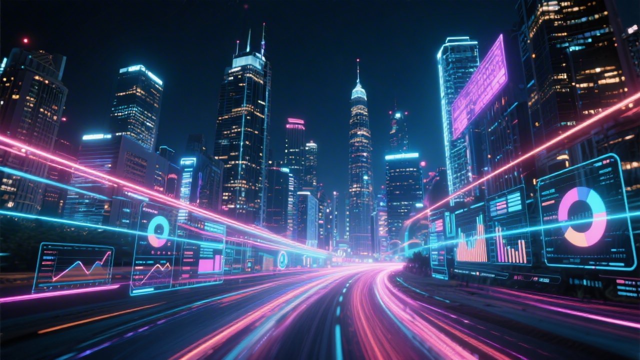 Nighttime city skyline with neon light streaks and glowing digital overlays, representing fast-moving marketing signals, performance data, and modern UI interfaces.