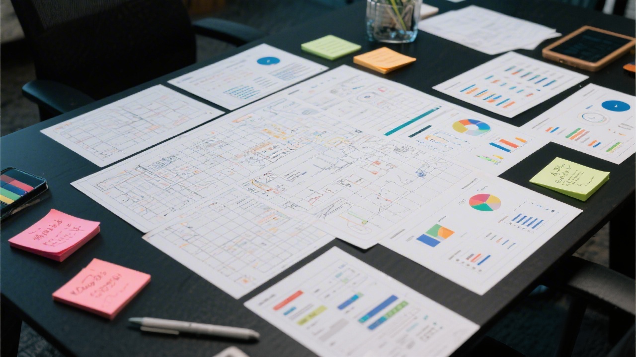 Editorial workspace with grids of wireframes, marketing dashboards, and campaign notes spread across a dark table, showing structured planning and design alignment.