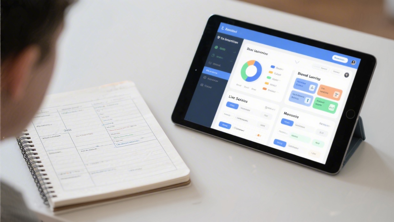 Notebook with structured lesson plan beside a tablet showing a dashboard, suggesting blended learning with live sessions and self-paced modules.